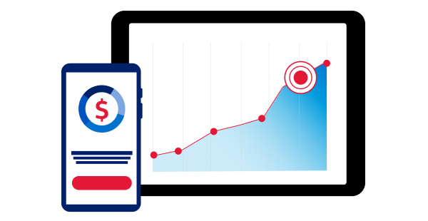 Illustration of a mobile app with a dollar icon beside a tablet displaying an upward trending line chart with a highlighted target point, representing financial growth or performance tracking.