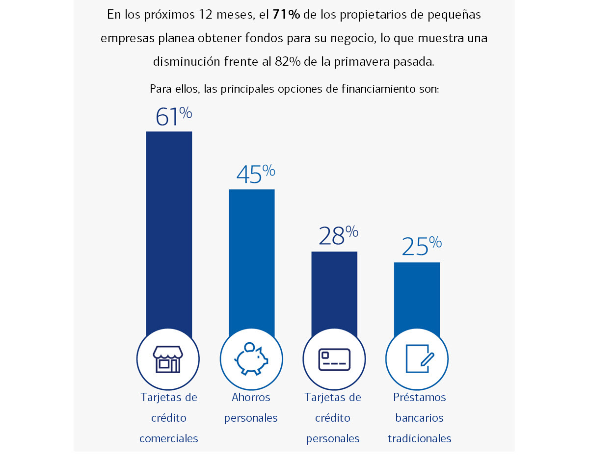 Un gráfico que muestra las principales maneras en que los propietarios de pequeñas empresas intentan obtener fondos en los próximos 12 meses. Visite el enlace de abajo para obtener una descripción completa.