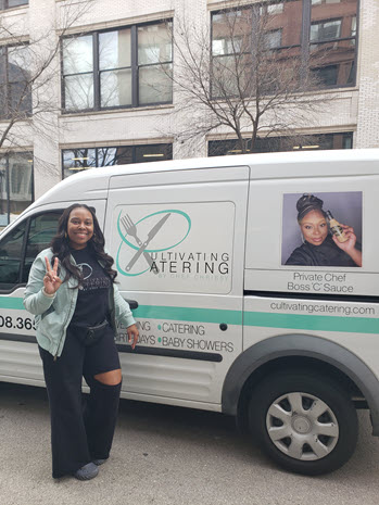 Christina Miller of Cultivating Catering poses next to a company van while catering at ICCC Chicago.