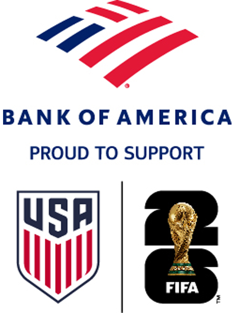 Bank of America logo, followed by Proud to Support, on top of a US Soccer federation logo, next to a FIFA logo.