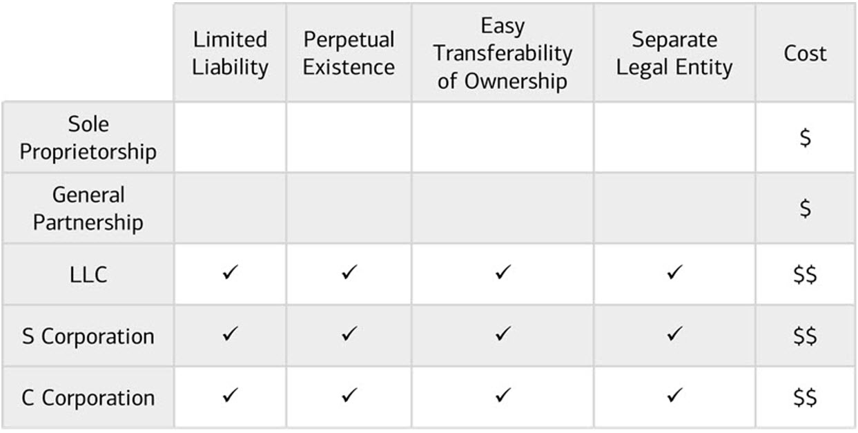 "A table comparing the features of five common business entities. For full description, activate the 'Show text version' link."