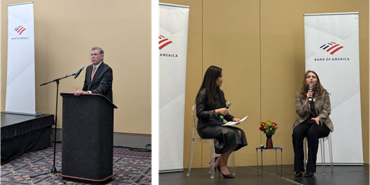 Left: A man speaking from a stage from behind a podium. Right: Two women sitting on a stage facilitating a discussion