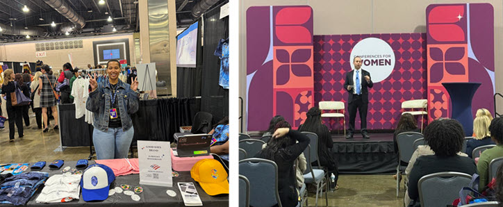 Left: A smiling woman standing behind a table displaying retail goods. Right: A man speaking from a stage