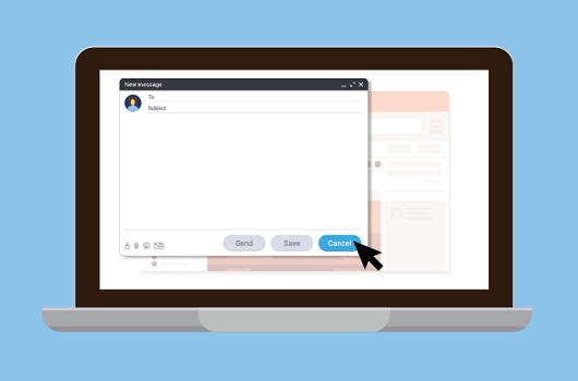 A computer screen with a blank email being composed and the arrow points to the ‘cancel’ button